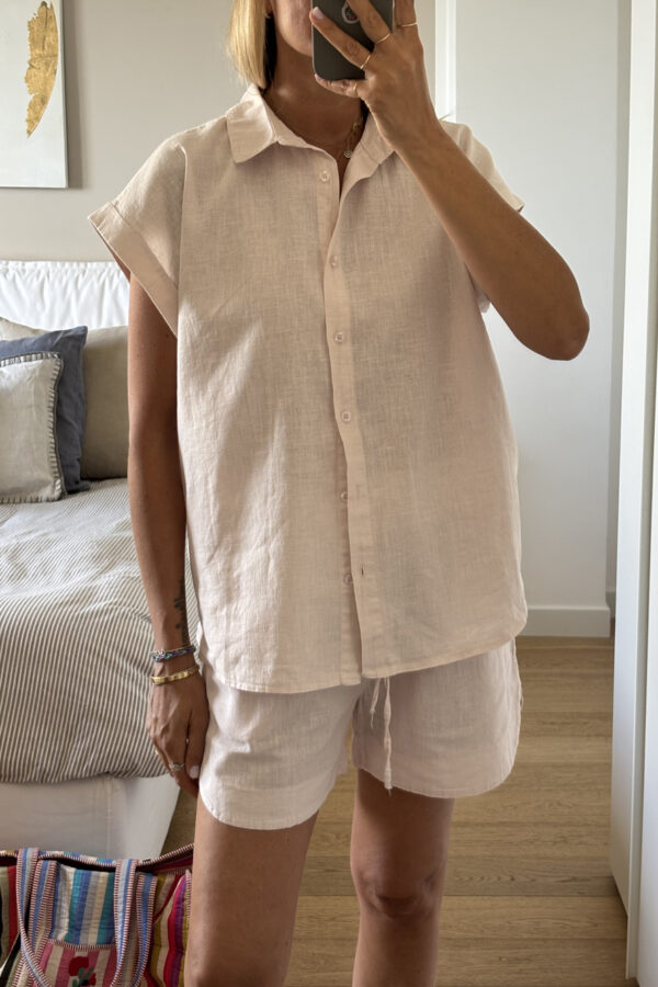 Camicia Giro Manica Lino Rosa