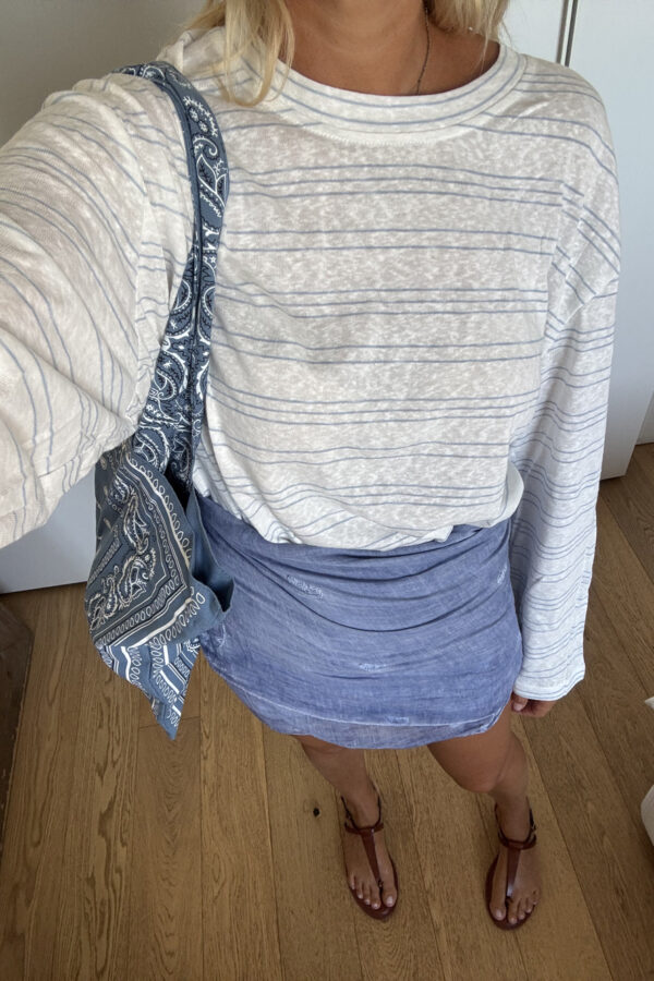 T-Shirt Cotone Maniche Lunghe Riga Sottile Azzurra