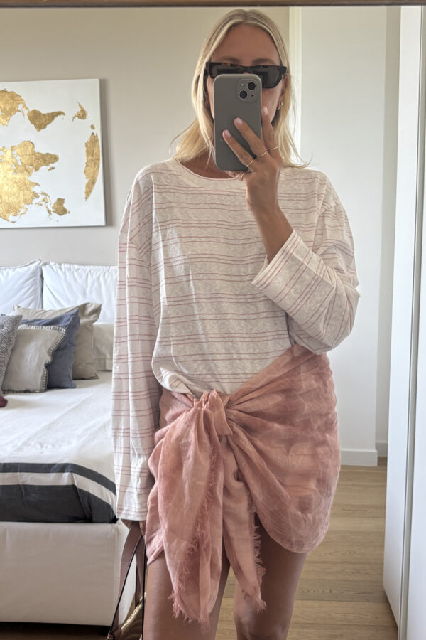 T-Shirt Cotone Maniche Lunghe Riga Sottile Rosa